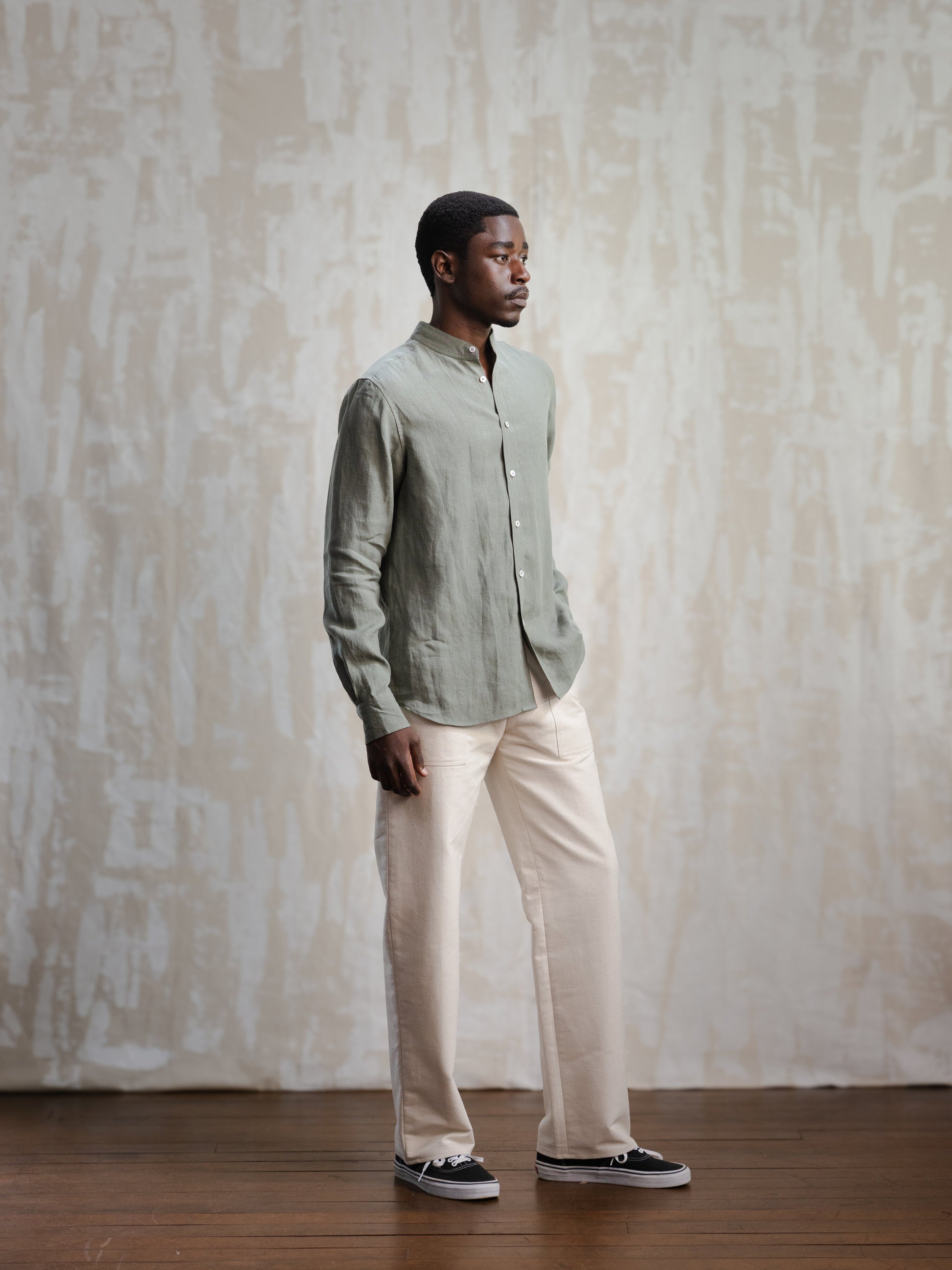 Olive Band Collar Linen Shirt