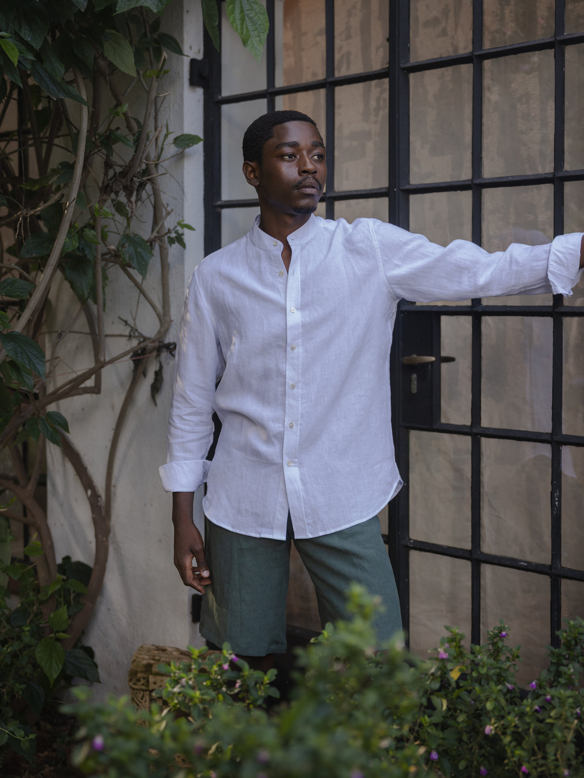 White Band Collar Linen Shirt