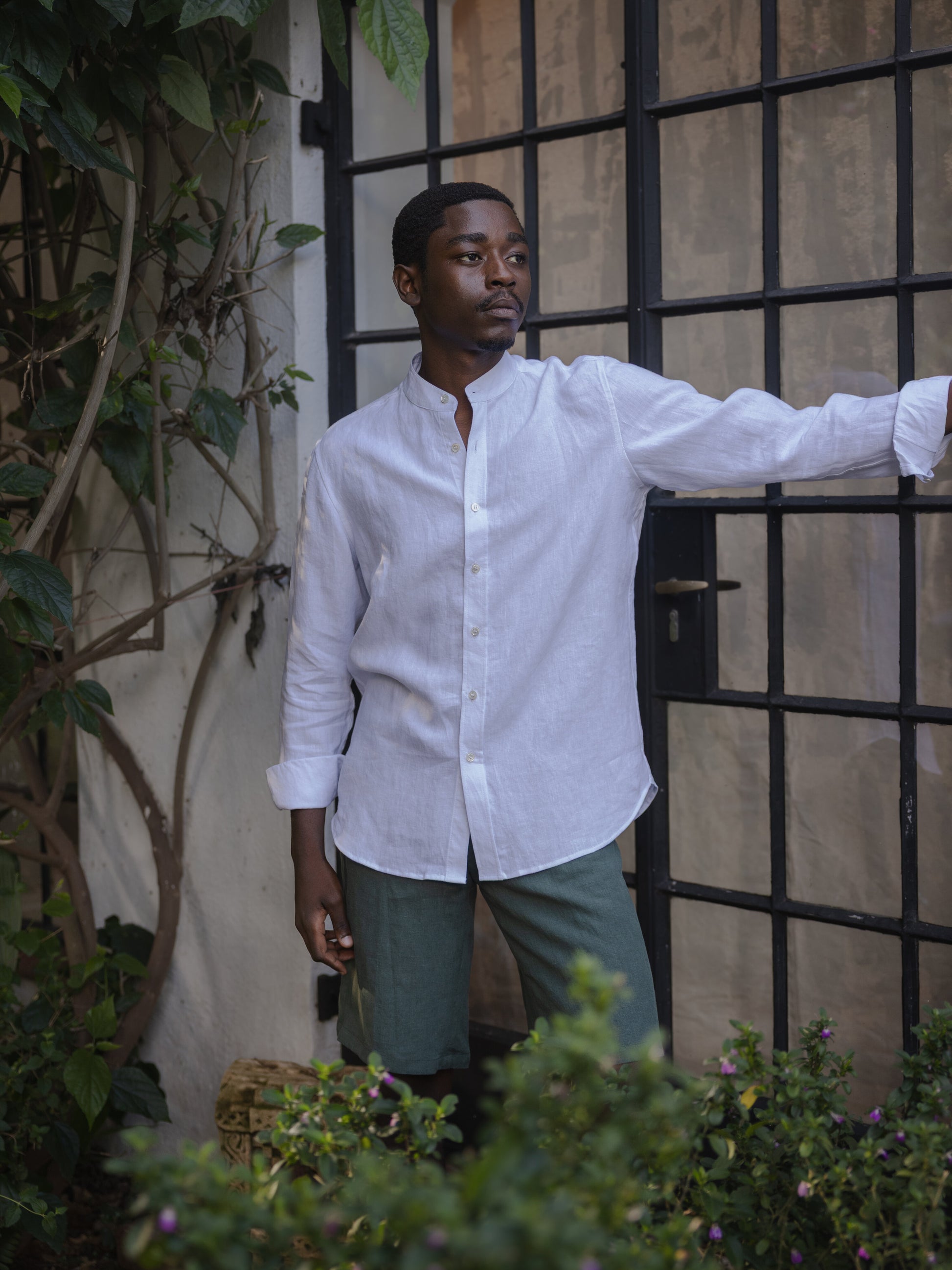 White Band Collar Linen Shirt