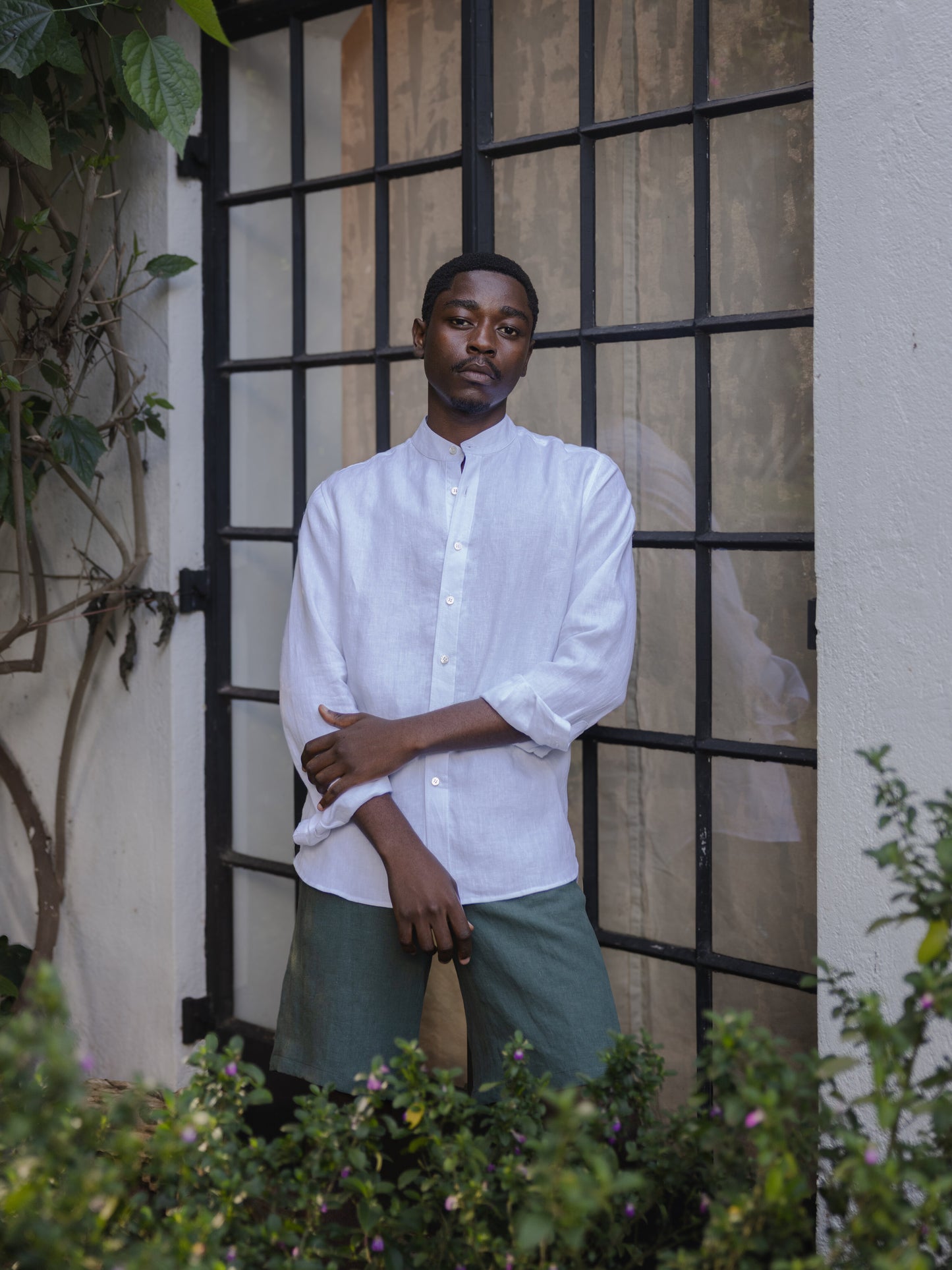 White Band Collar Linen Shirt