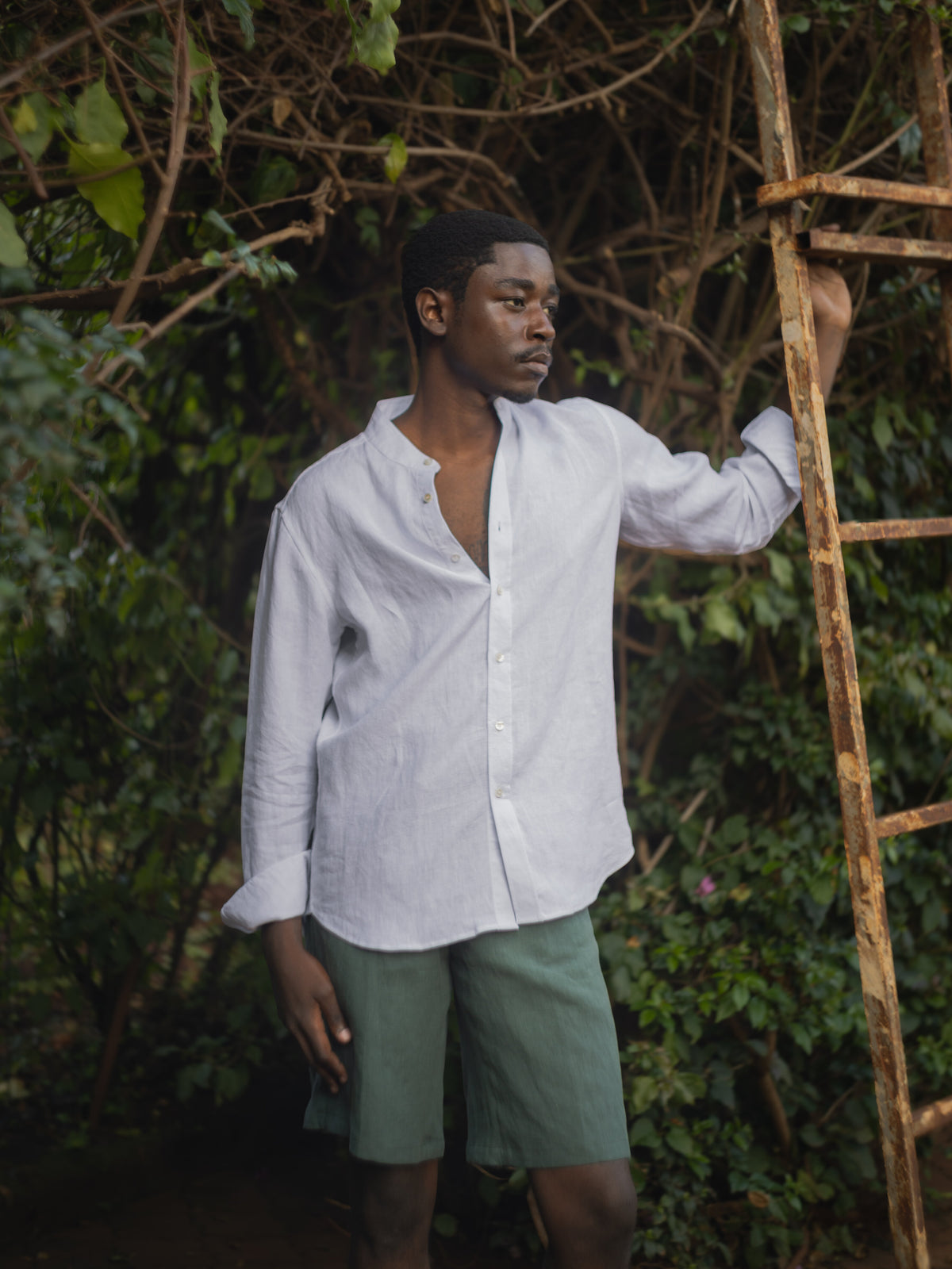 White Band Collar Linen Shirt